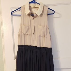 Anthropologie Navy Blue and Tan/Cream detachable collar and pleated skirt dress